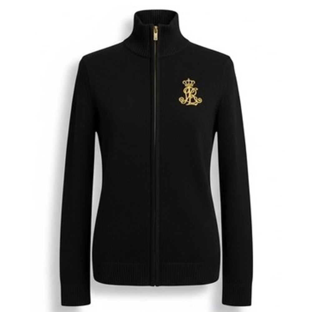 VTG Ralph Lauren Black Cable Knit Cardigan Gold Crest Full Zip Sweater Mock Med - Picture 15 of 16